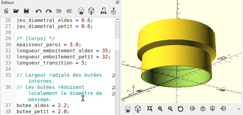Modèle paramétrique du raccord VMC affiché dans OpenSCAD