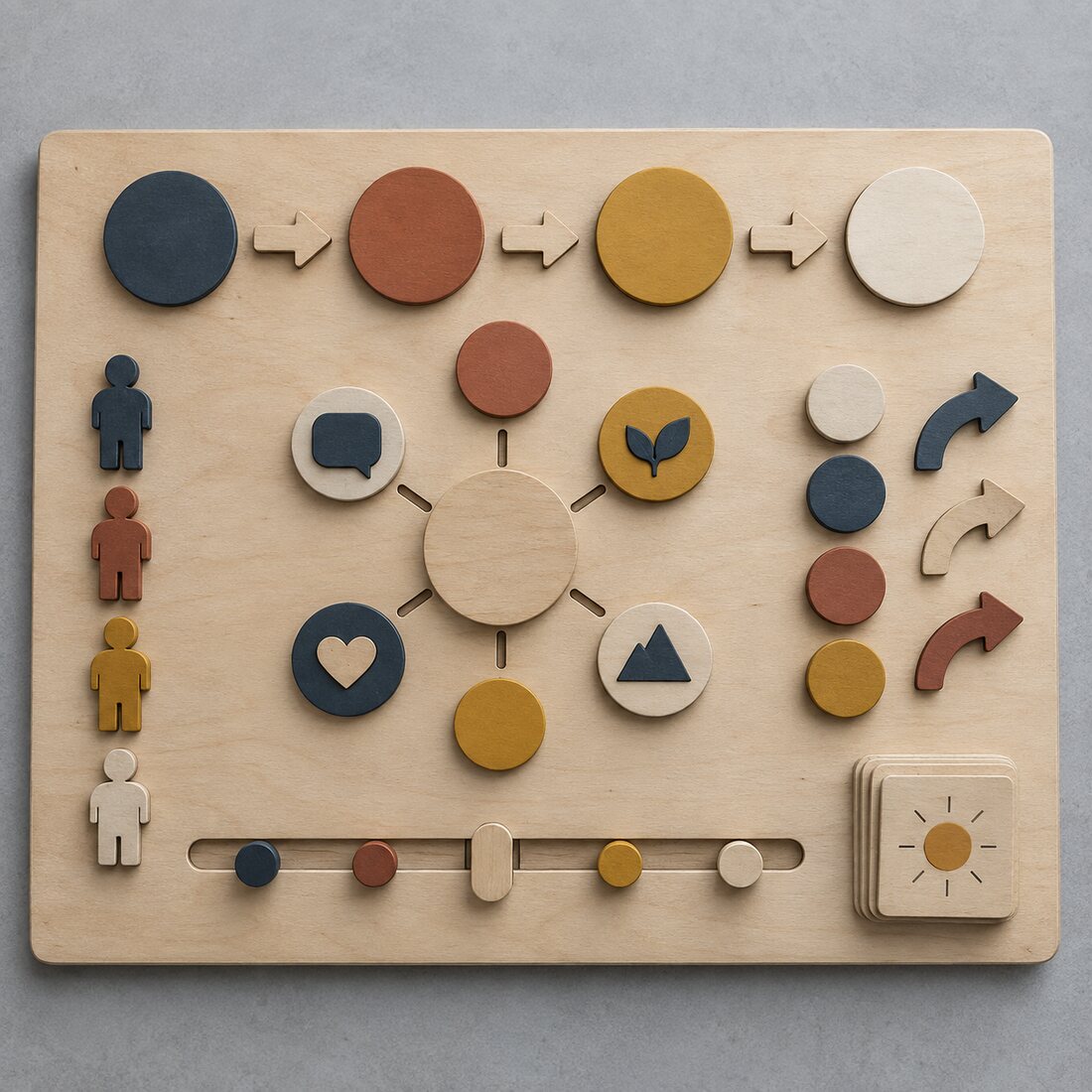 Plateau en bois avec jetons, pictogrammes, flèches et curseur colorés pouvant être déplacés