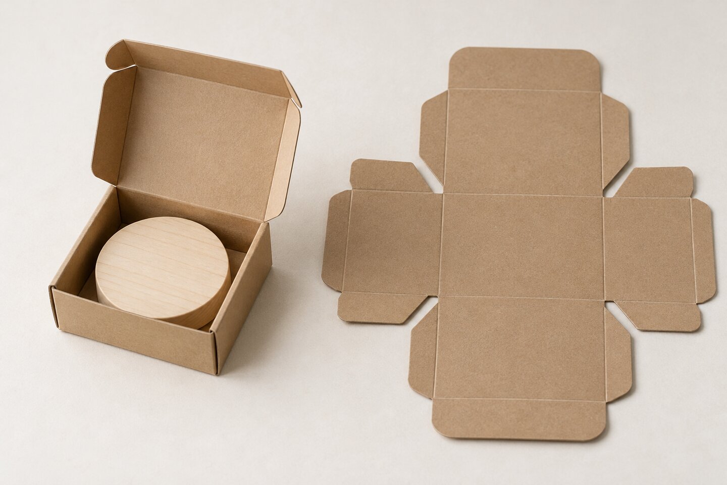 Illustration d’une petite boîte kraft sur mesure ouverte, avec son patron de carton fin déplié à côté