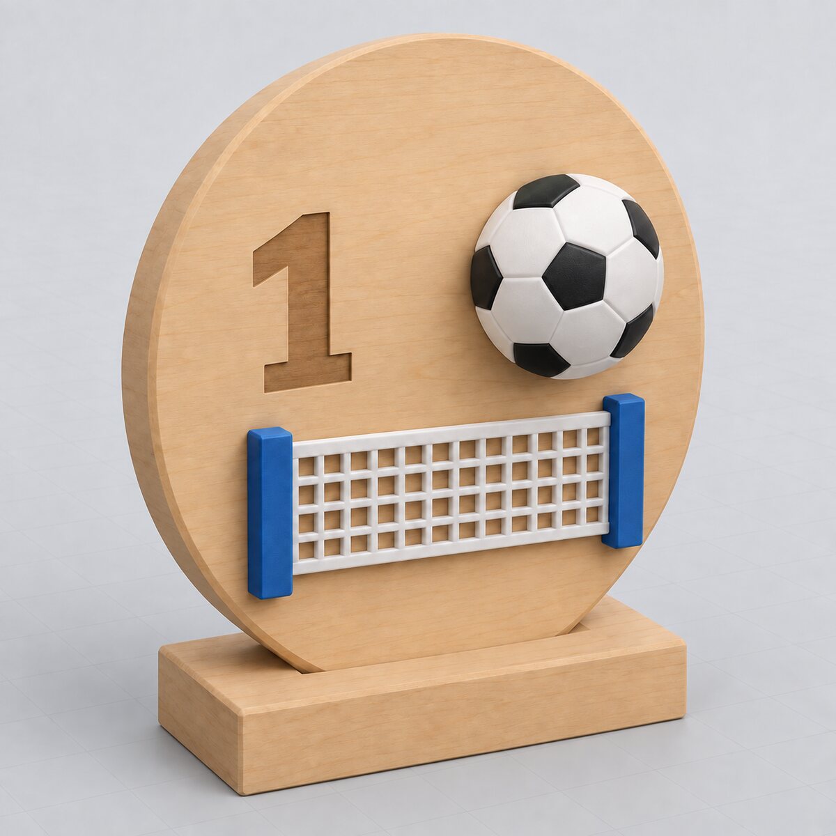 Vue 3D du concept numéro 1, un trophée rond en bois avec ballon de football et filet de tennis-ballon