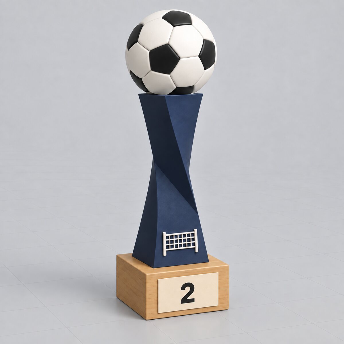 Vue 3D du concept numéro 2, un trophée élancé bleu avec un grand ballon de football et un petit filet de tennis-ballon