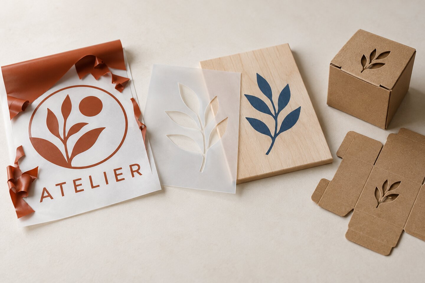 Illustration de logos en vinyle découpé, d’un pochoir pour le bois et d’une boîte en carton